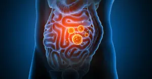 Illustration of intestines with a representation of gut bacteria.