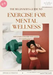 Cover of The Beginner’s Guide to Exercise for Mental Wellness featuring light green dumbbells and a person stretching.